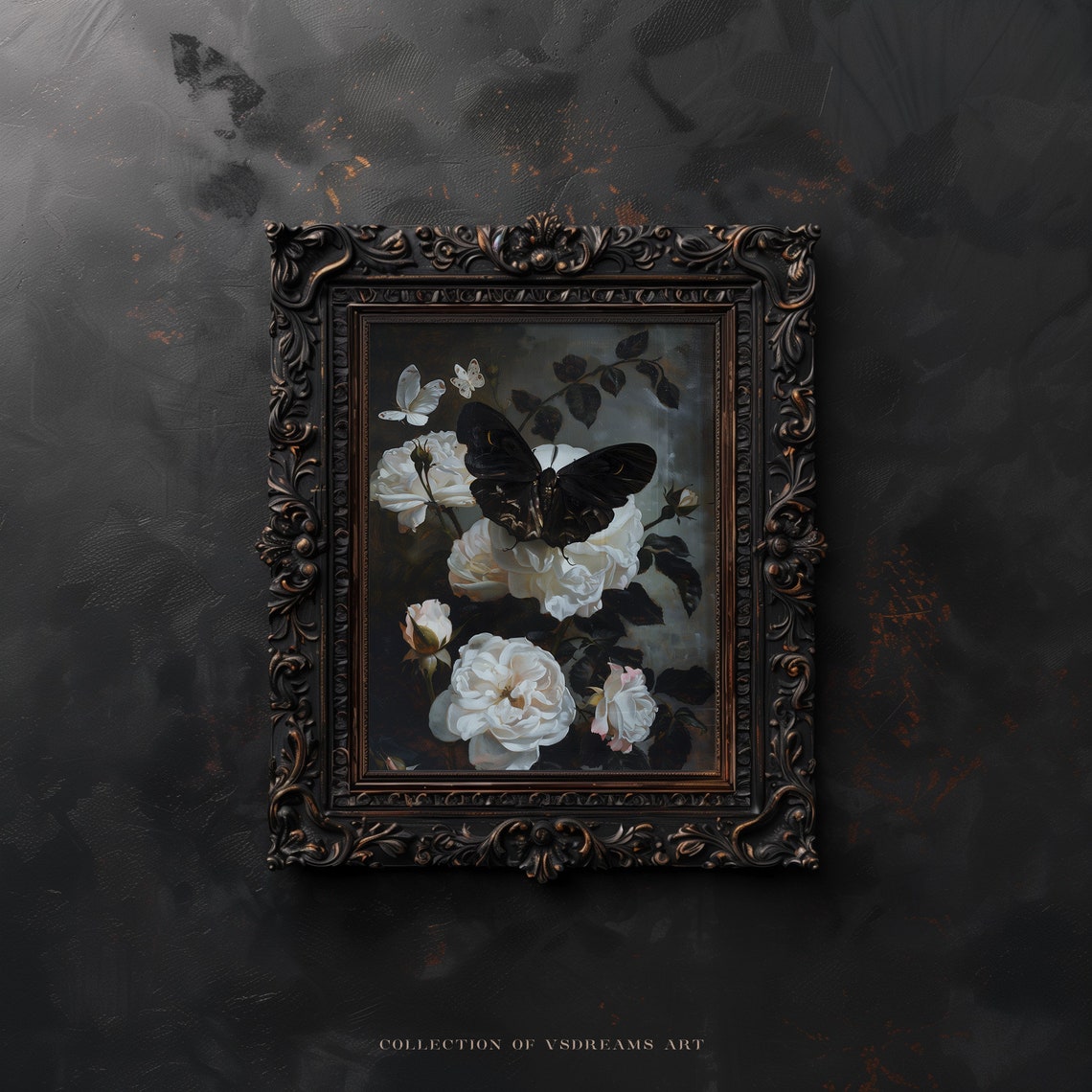 Black Moth White Roses Vintage Floral Moody Botanical Painting Poster - Image 5
