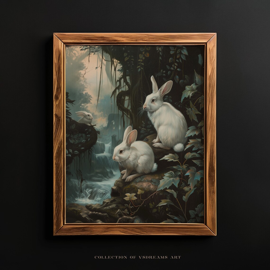 White Rabbits Misty Forest Stream Dark Woodland Animal Painting Poster