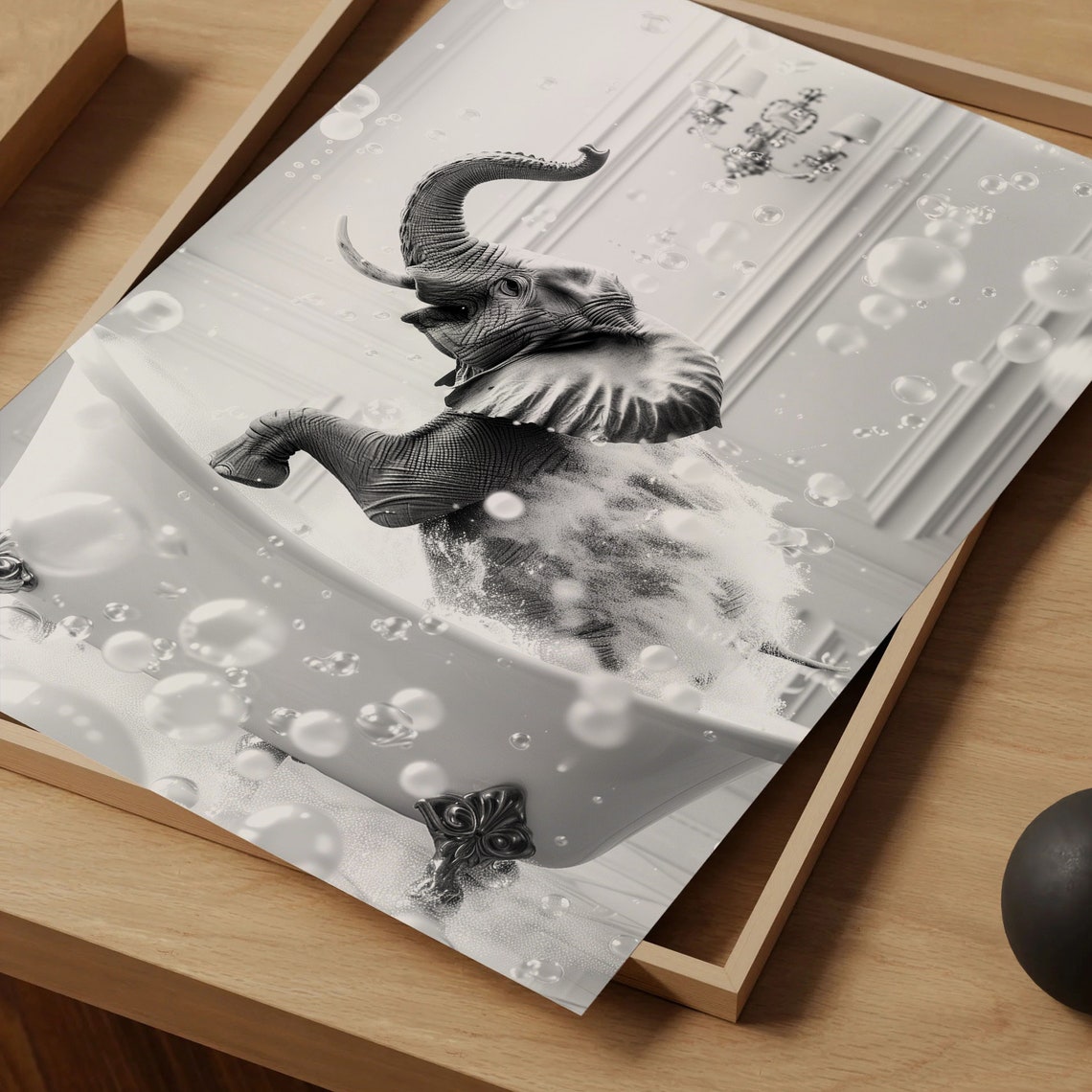 Baby Elephant Bubble Bath Black and White Funny Bathroom Poster - Image 5