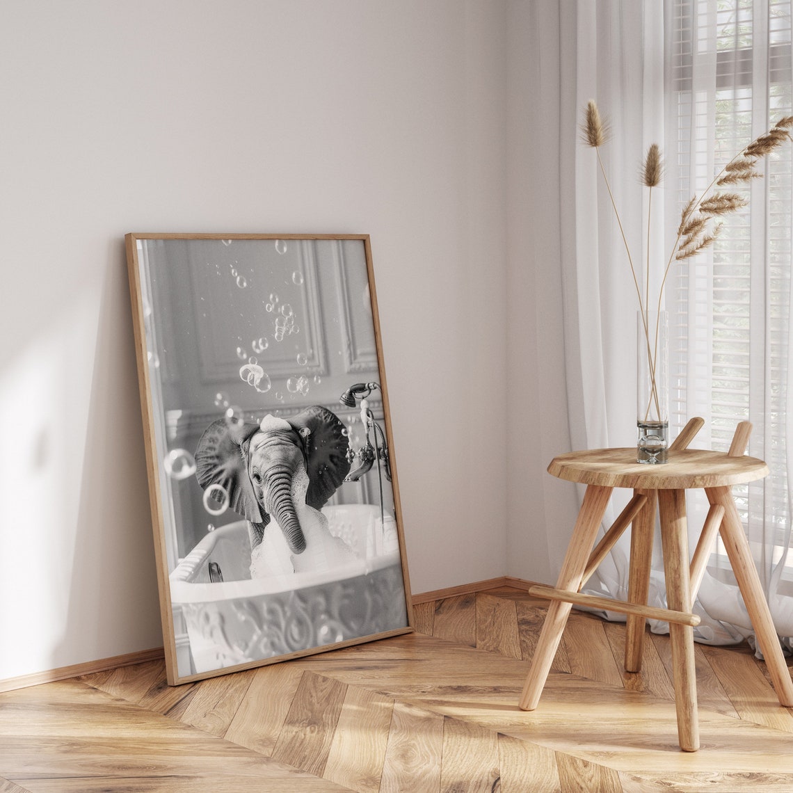 Baby Elephant Bubble Bath Black White Funny Bathroom Photo Poster - Image 3