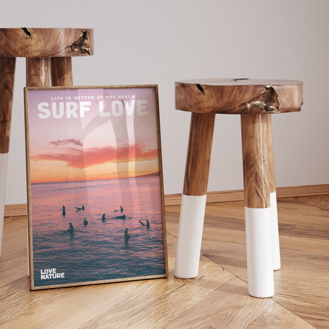 Surf Love Orange Sunset Silhouette Surfers In Ocean Beach Poster - Image 3