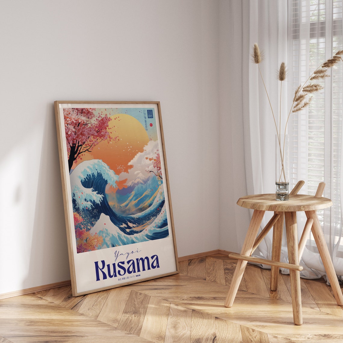 Yayoi Kusama Blue Ocean Wave Cherry Blossom Sunset Fuji Art Poster - Image 3