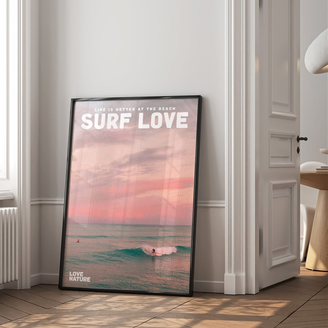 Surf Love Pink Sky Surfer Riding Wave Ocean Sunset Beach Poster - Image 2