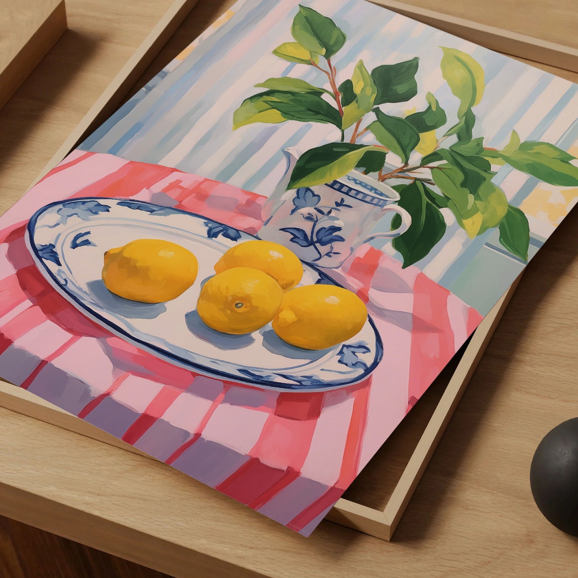 Lemons on Blue Plate Pitcher Striped Tablecloth Still Life Poster - Image 4
