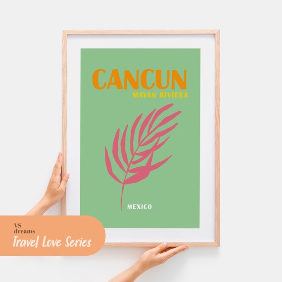 Cancun Mayan Riviera Mexico Pink Palm Leaf Tropical Travel Art Poster