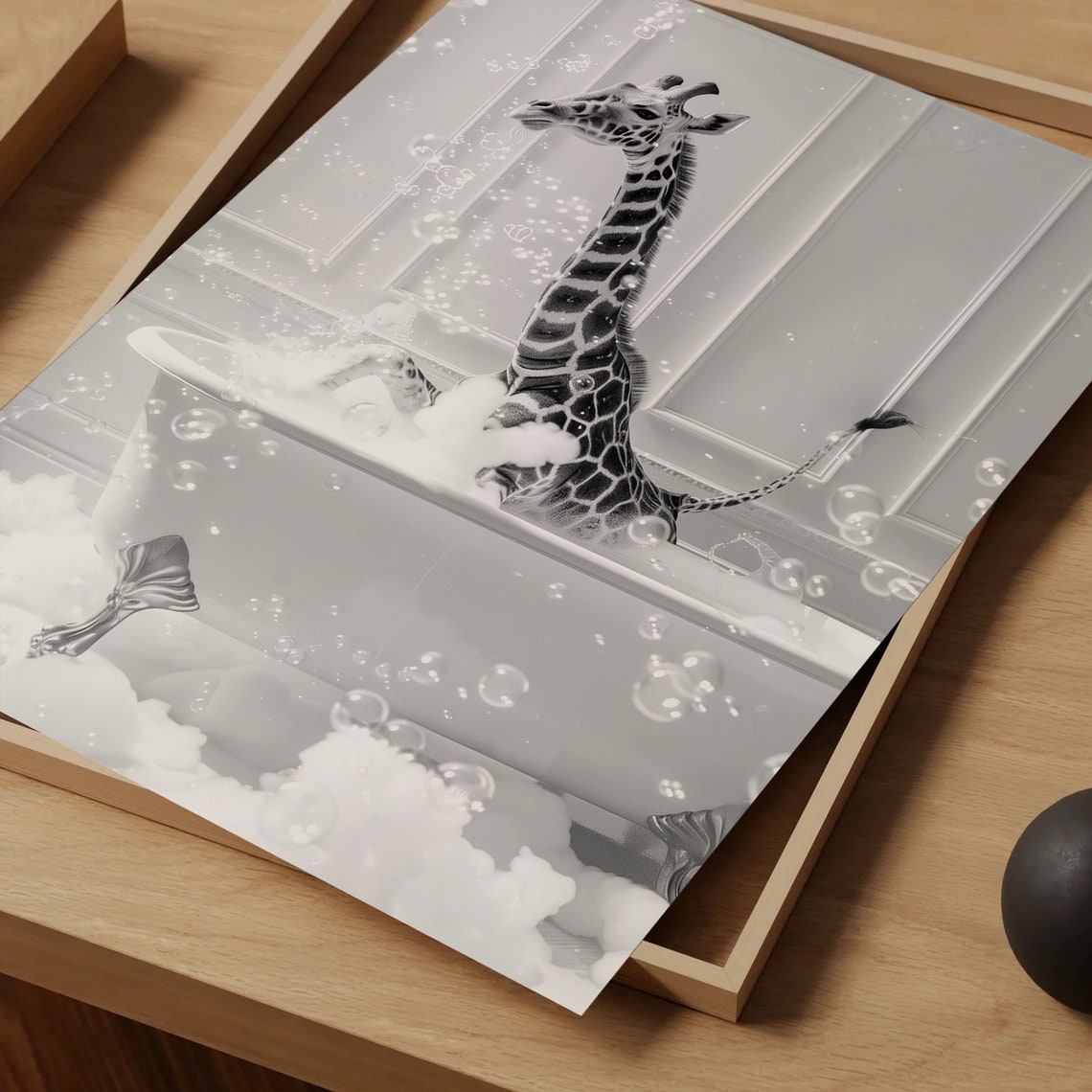 Giraffe Sitting in Bubble Bath Black and White Bathroom Poster - Image 5