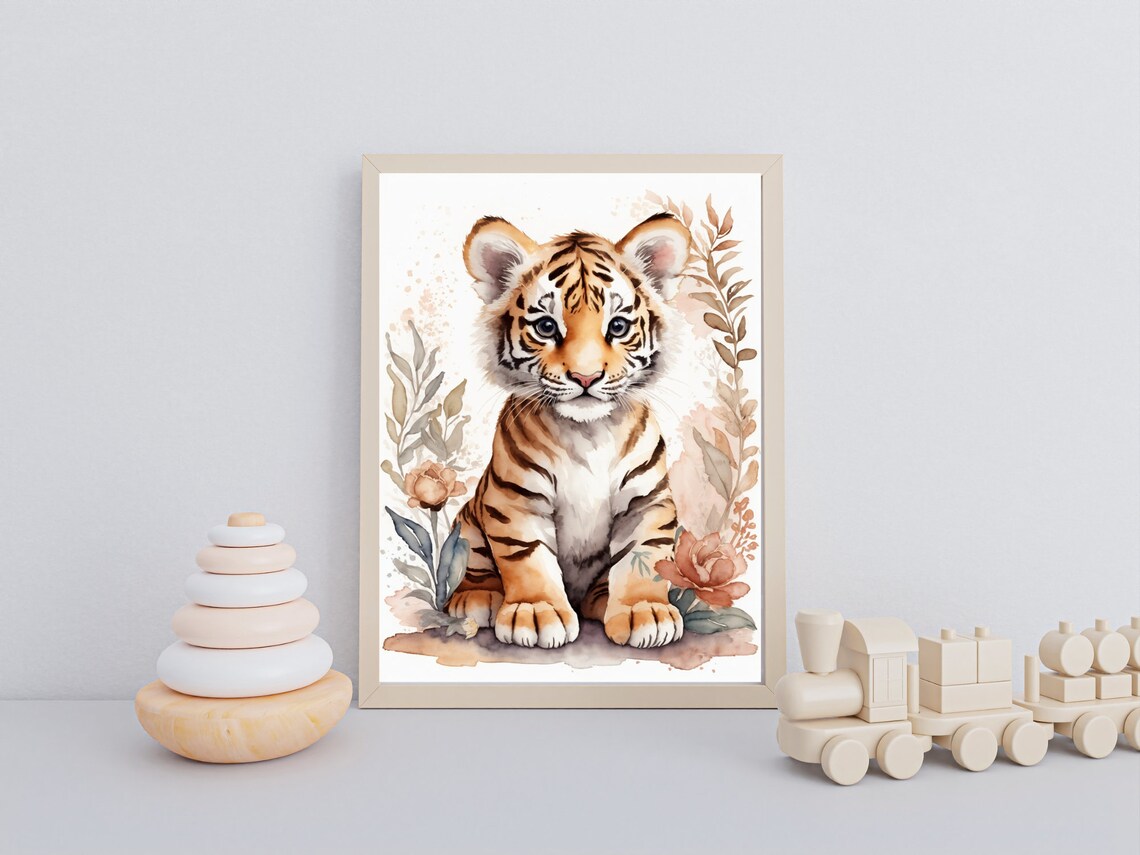 Cute Baby Tiger Cub Floral Watercolor Nursery Animal Art Poster - Image 2