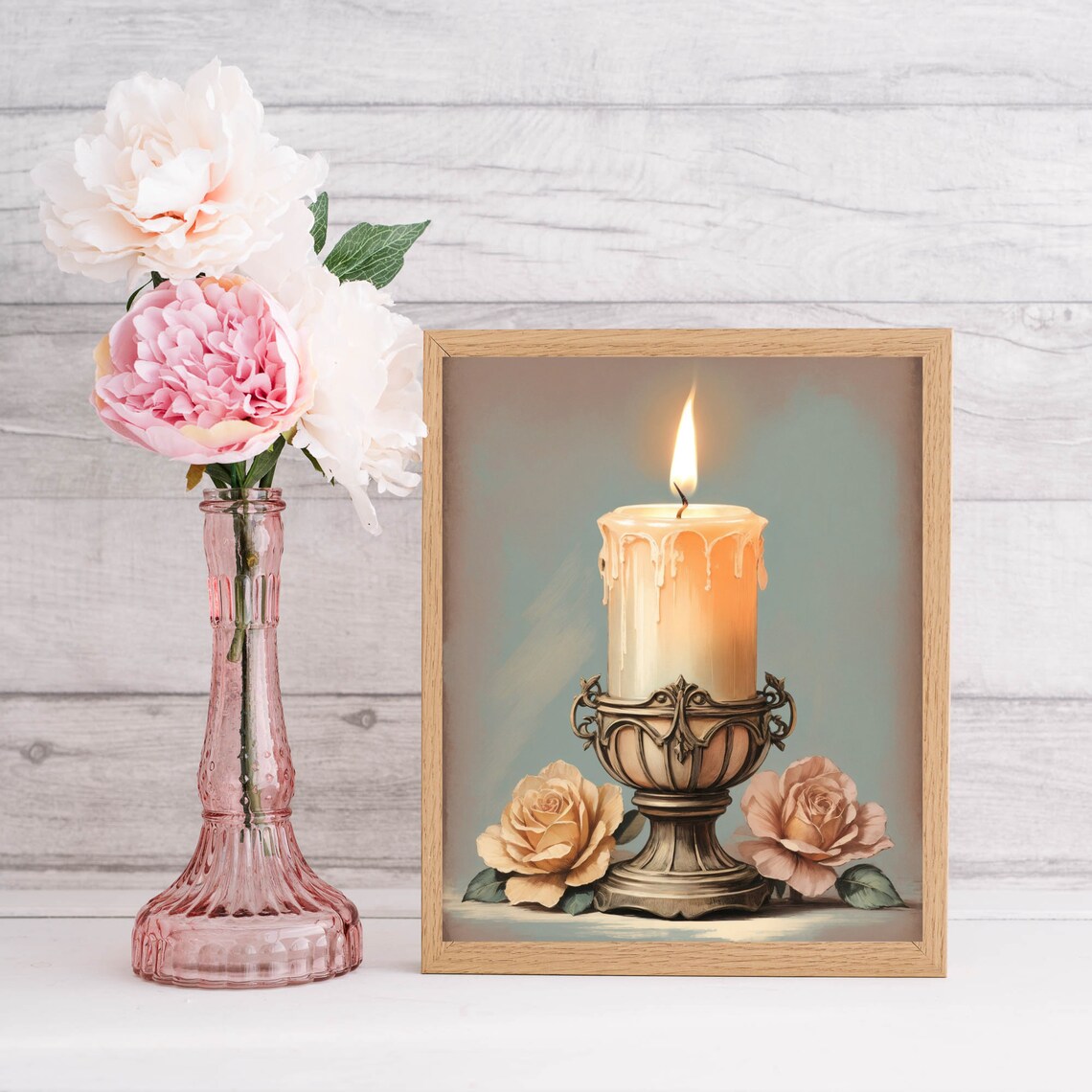 Vintage Candle and Blush Roses Romantic Still Life Painting Poster - Image 3
