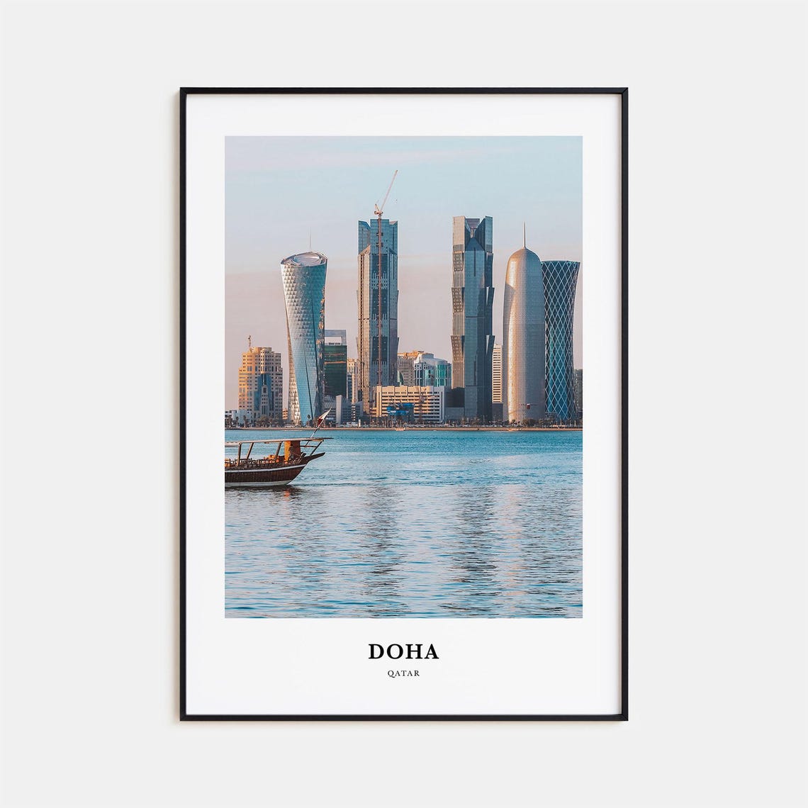 Doha Qatar Harbor Skyline Traditional Dhow Minimalist Poster