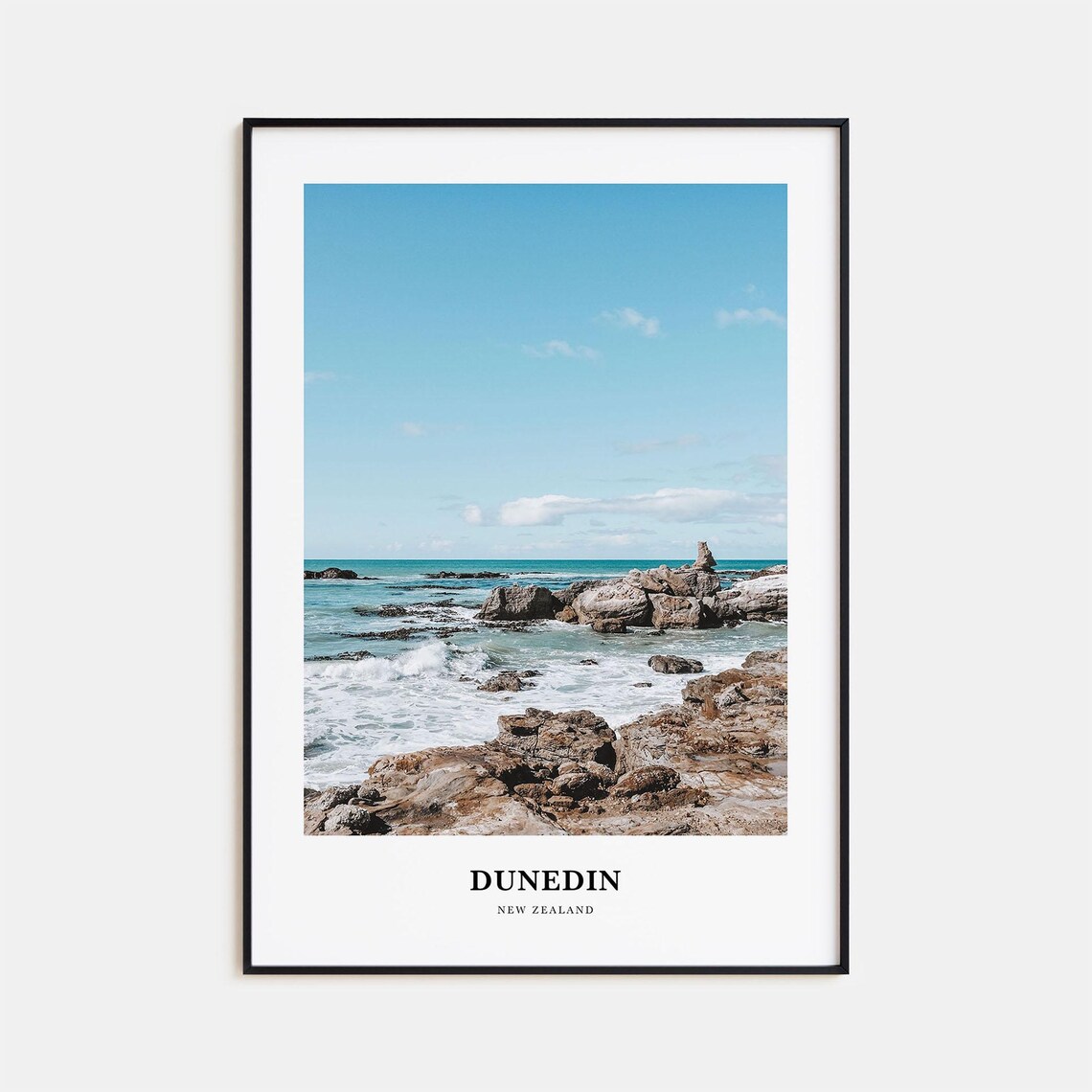 Rocky Dunedin Shoreline with Turquoise Ocean Waves New Zealand Poster