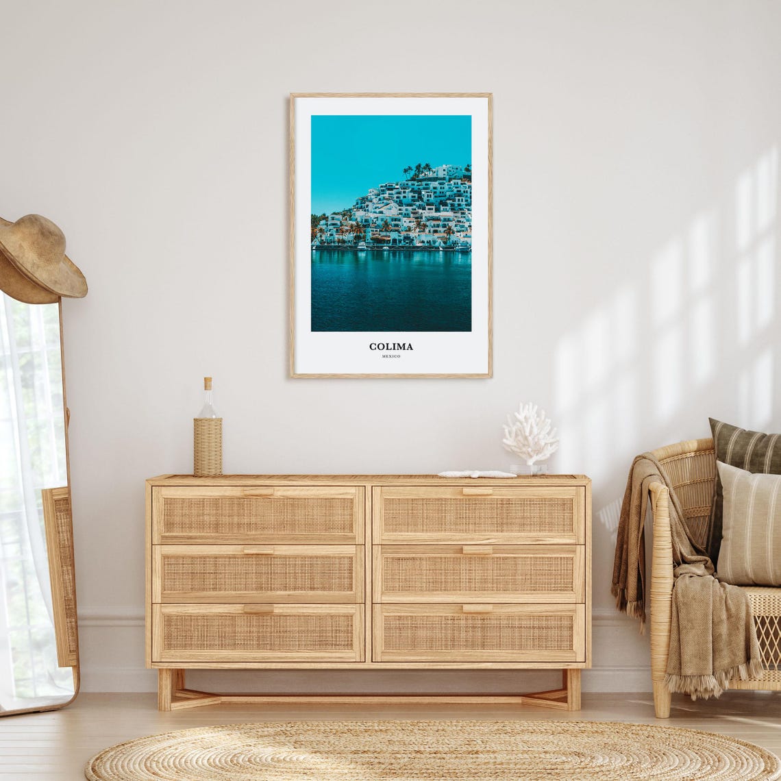 Colima Mexico Whitewashed Hillside Town Above Turquoise Bay Poster - Image 2
