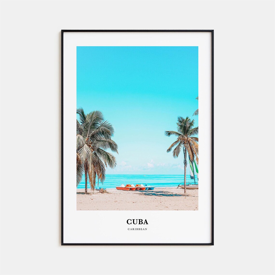 Tropical Cuba Caribbean Palm Beach With Colorful Boats Travel Poster