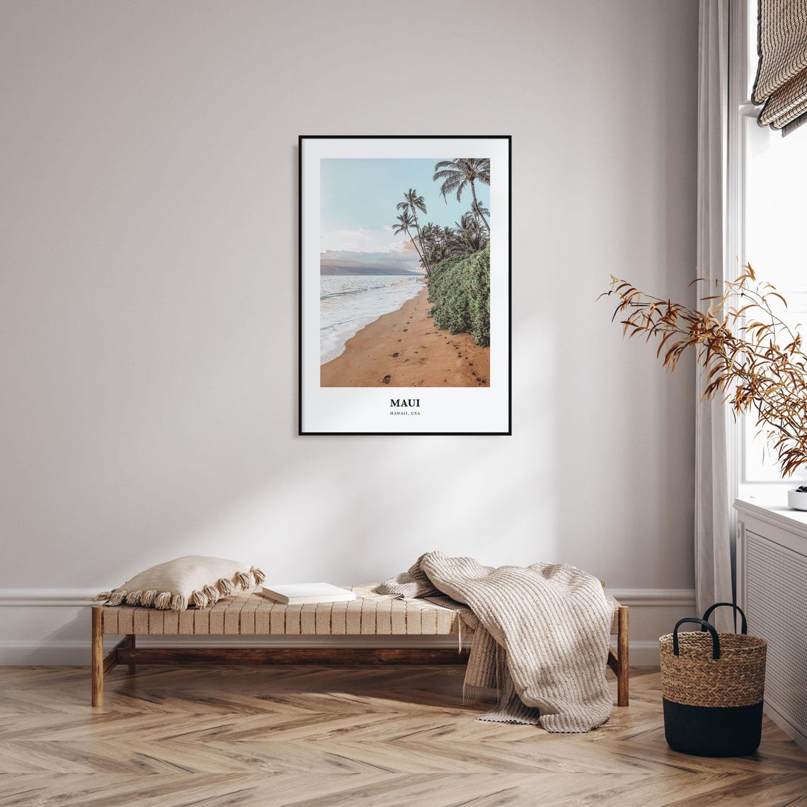 Maui Hawaii Palm Lined Beach With Footprints Ocean Shore Poster - Image 3