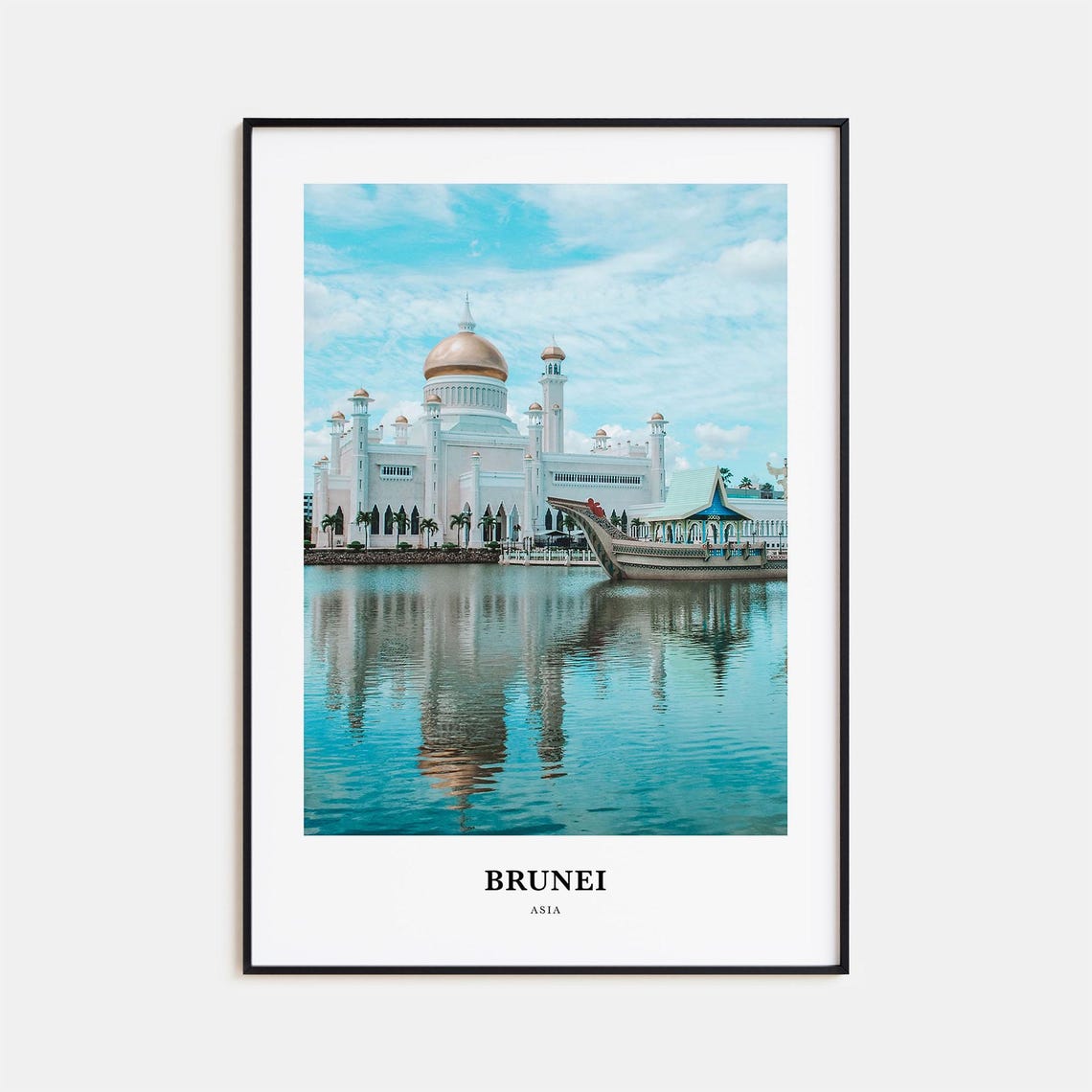 Brunei Asia Golden Dome Mosque Water Reflection Photo Poster
