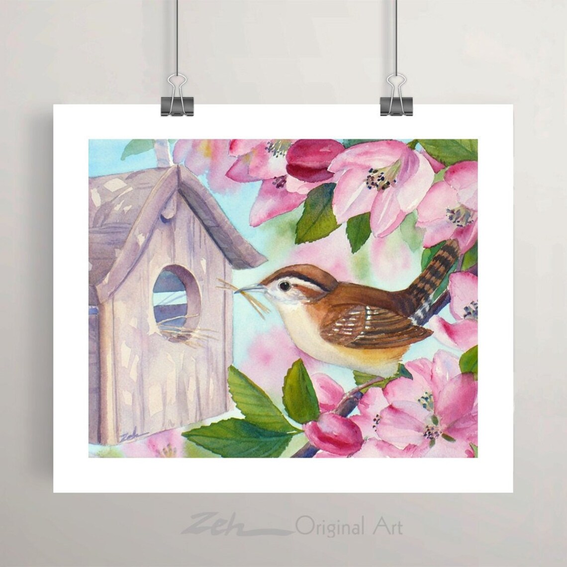 Wren At Birdhouse Pink Apple Blossoms Spring Watercolor Bird Poster