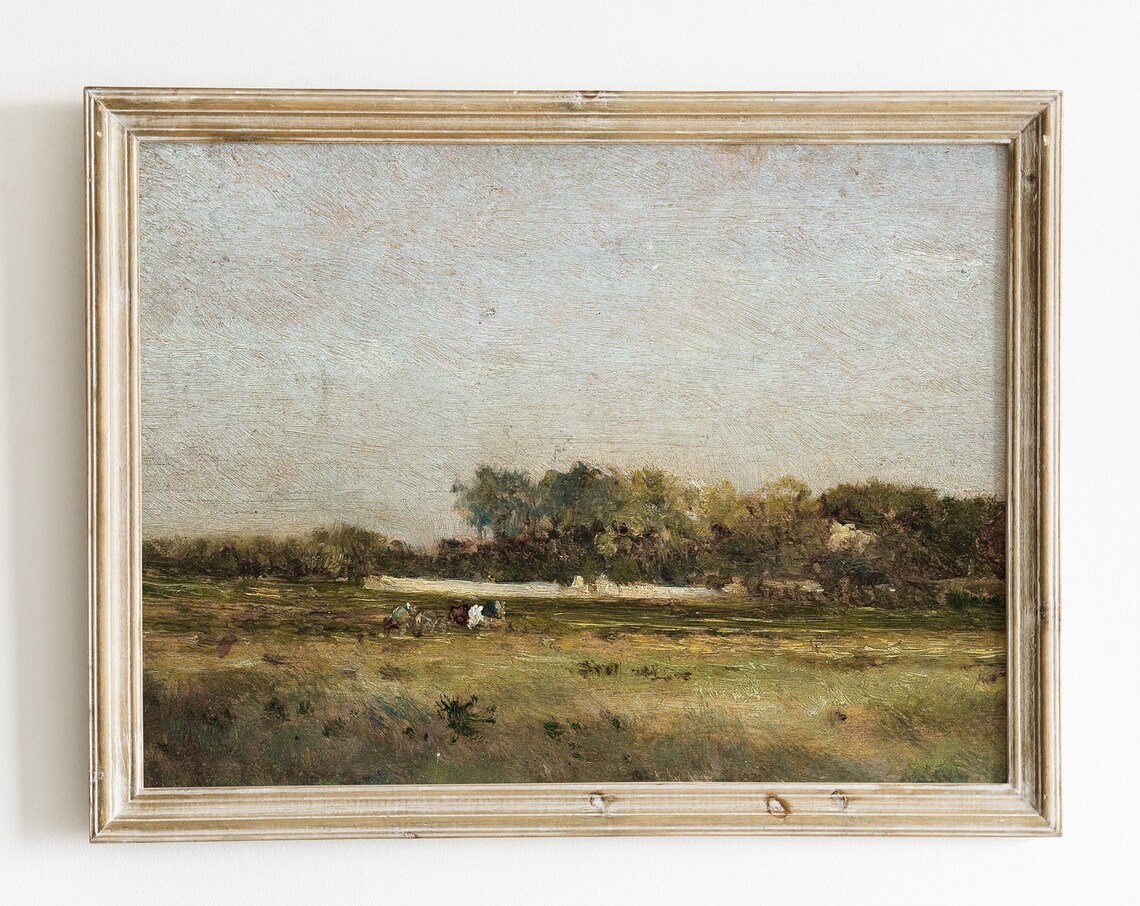 Vintage Landscape Painting Art Print, Rustic Farmhouse