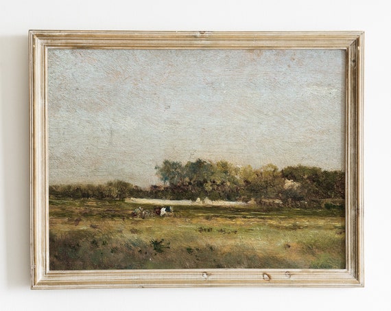 Vintage Landscape Painting Art Print, Rustic Farmhouse