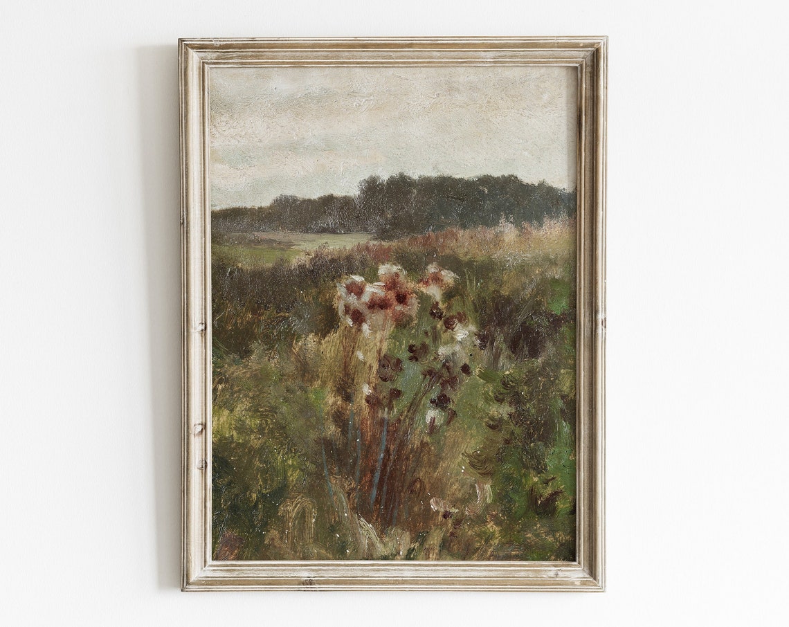 Moody Fall Landscape Print Vintage Rustic Country Decor Muted Floral Art