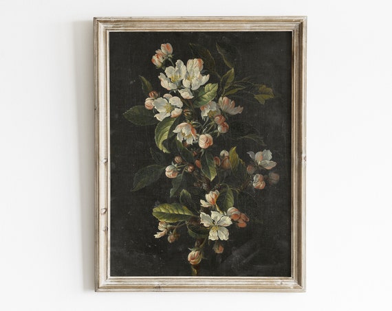 Moody Botanical Painting Spring Blossom Oil Painting Antique Farmhouse Botanical Painting Dark Flower Vintage Floral Wall Art