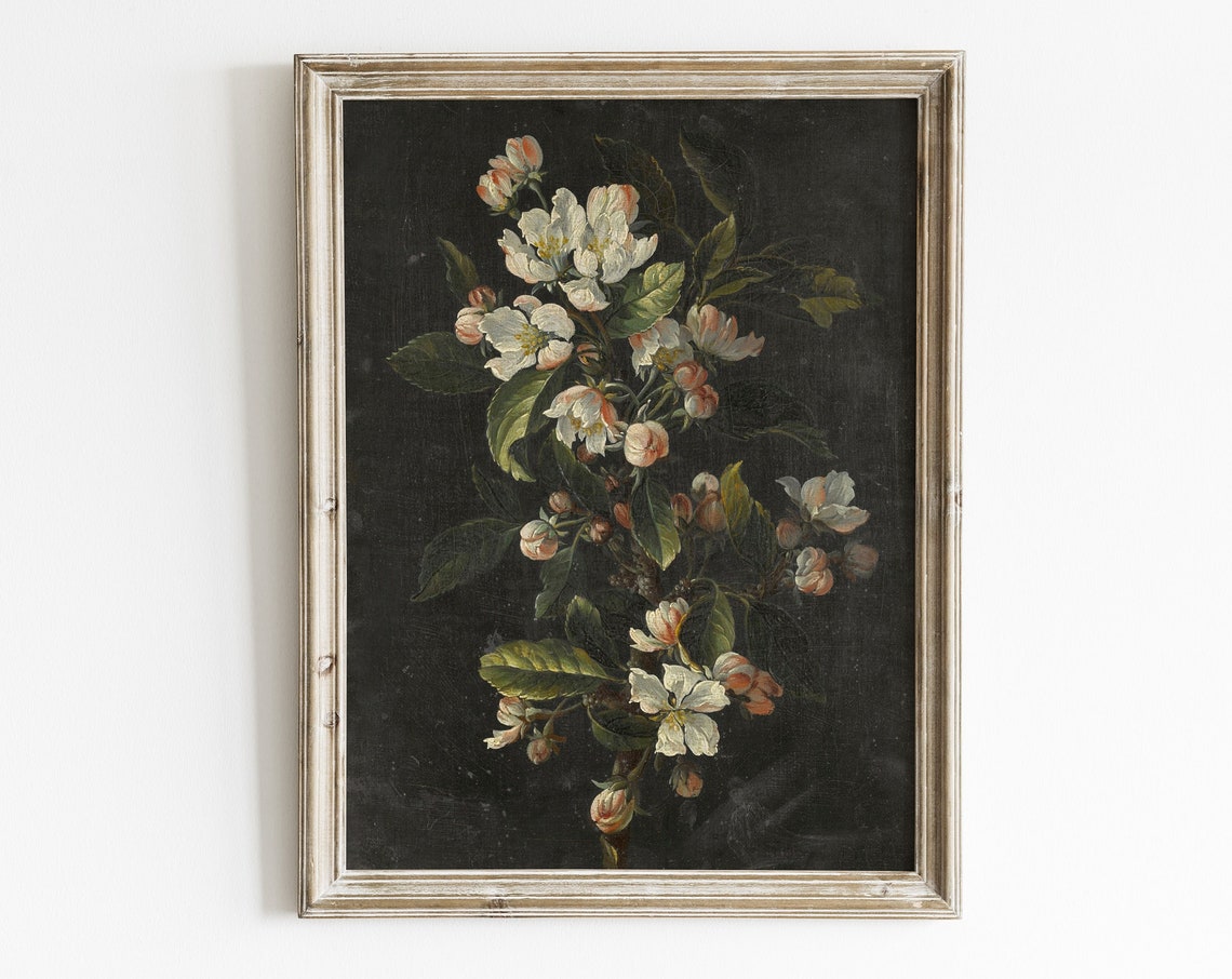 Moody Botanical Painting Spring Blossom Oil Painting Antique Farmhouse Botanical Painting Dark Flower Vintage Floral Wall Art