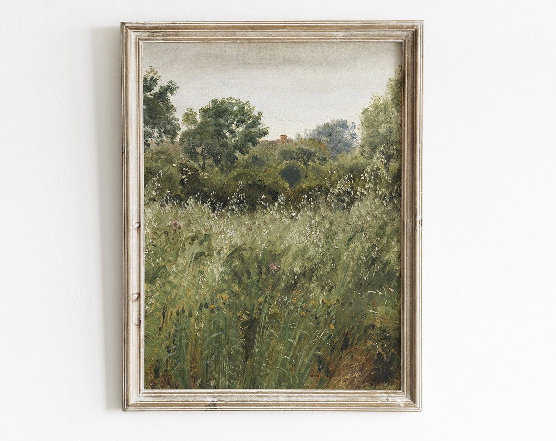 Vintage Meadow Landscape Painting Textured Landscape Print Muted Landscape Art Oil Painting Vintage French Country Wall Decor