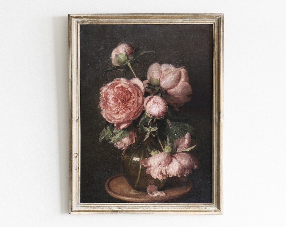 Vintage Peony Floral Oil-Painting Art Print, Botanical