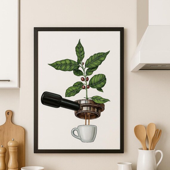 Espresso Portafilter Coffee Plant Botanical Illustration Kitchen Poster