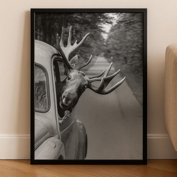 Funny Moose Wall Art Print Black And White Vintage Car Animal Poster Rustic Cabin Decor Wildlife Photography Gift Scandinavian Minimal