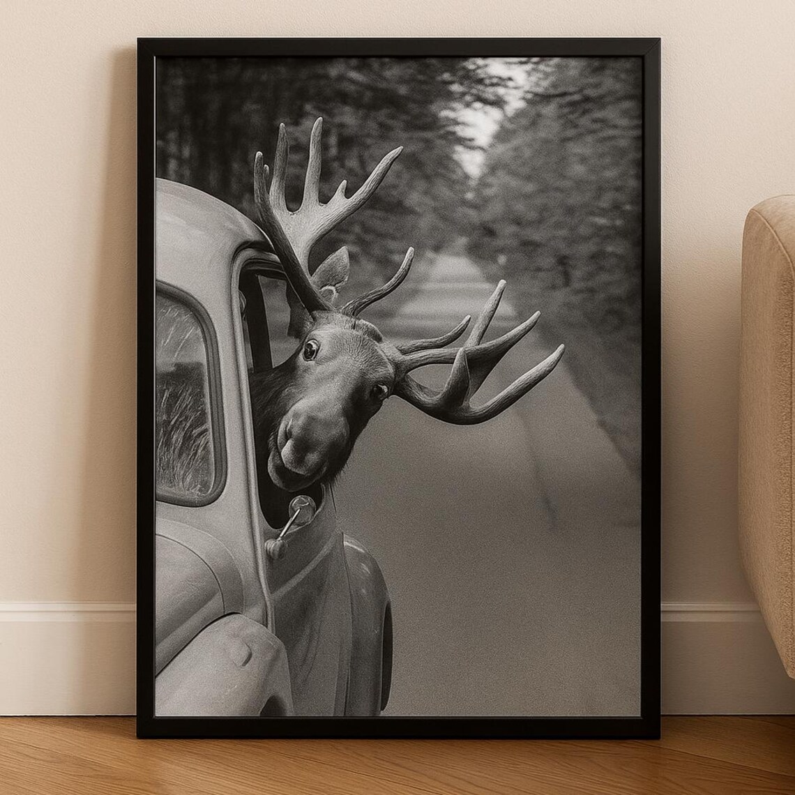 Moose Hanging Out of Vintage Car Window Black White Funny Poster