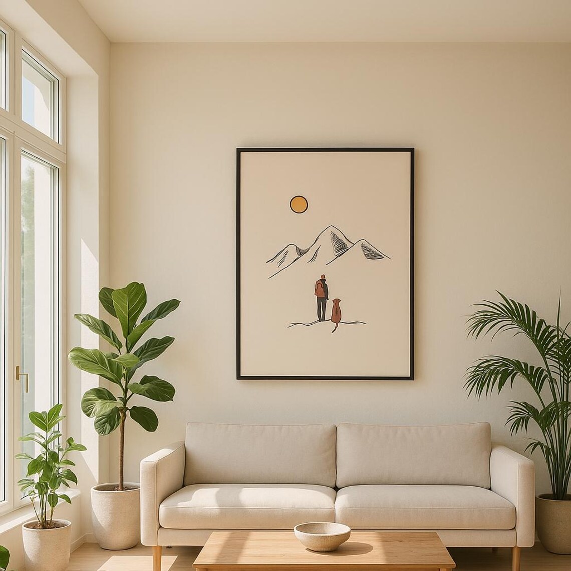 Minimalist Hiker and Dog Mountain Sunset Line Art Adventure Poster