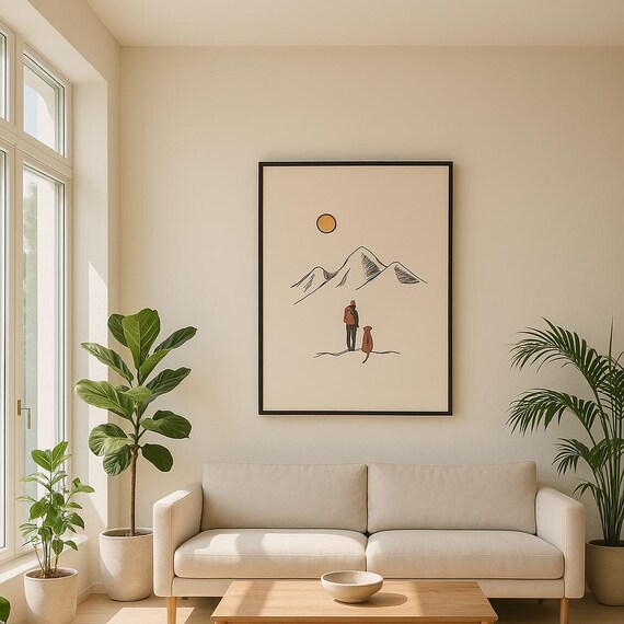 Minimalist Mountain Hiking Poster Dog And Hiker Wall Art Adventure Landscape Print Nature Illustration For Home Decor