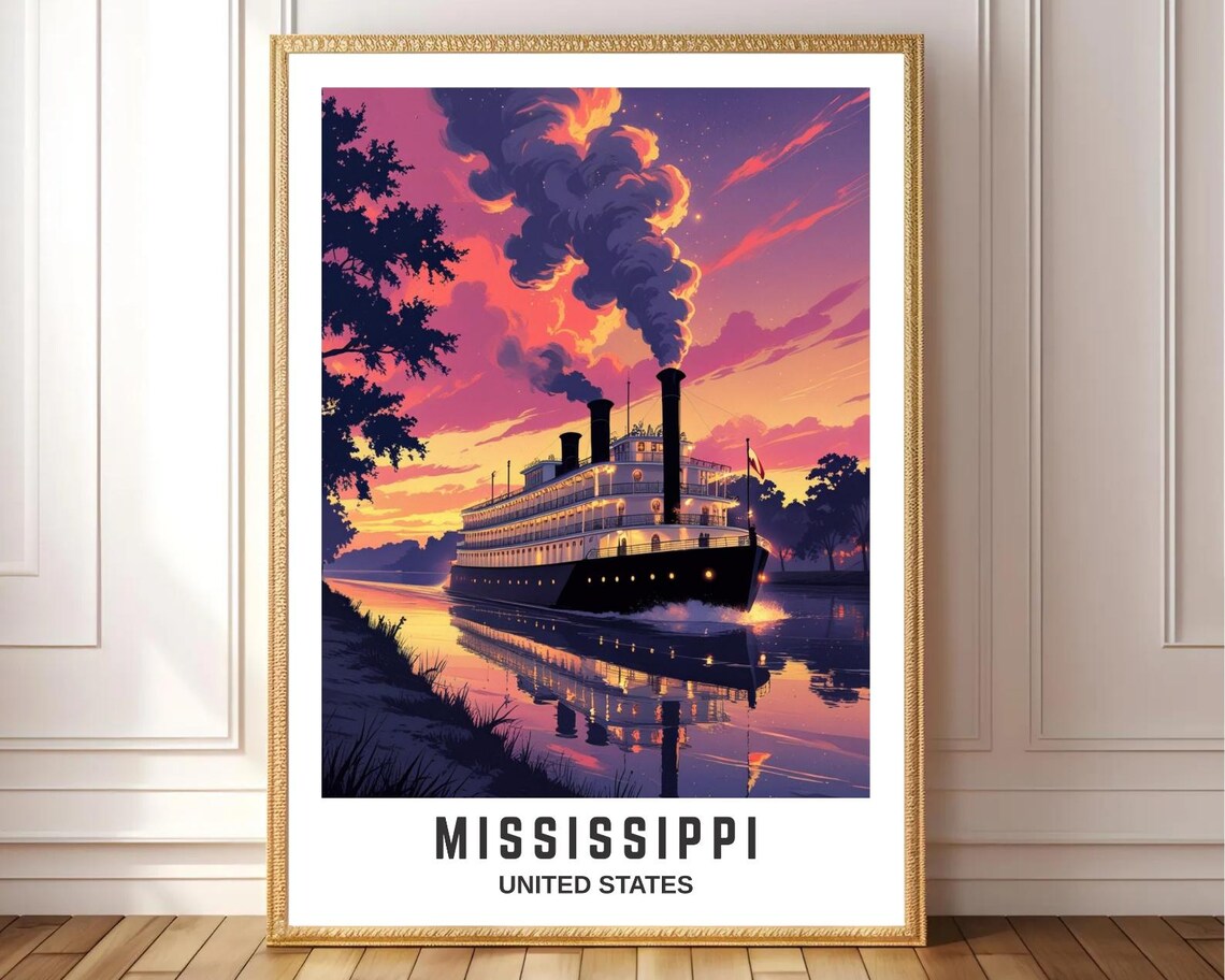 Mississippi Riverboat Vintage Travel Poster, Landscape