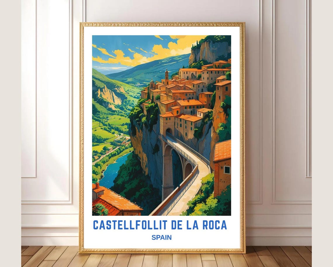 Castellfollit de la Roca Spain Cliffside Village Bridge Travel Poster