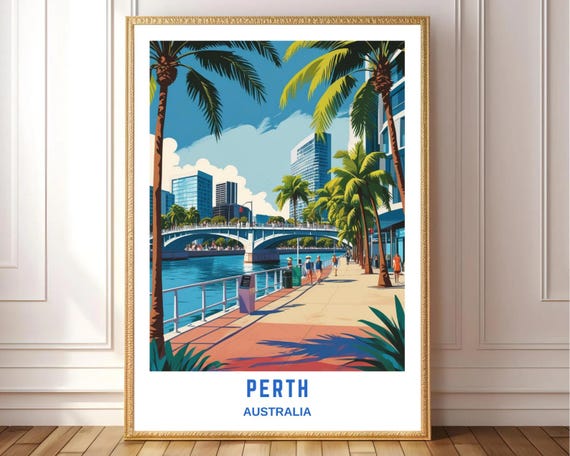 Perth Australia Travel Poster Retro Style Coastal City Wall Art Vibrant Palm Street Scene Print