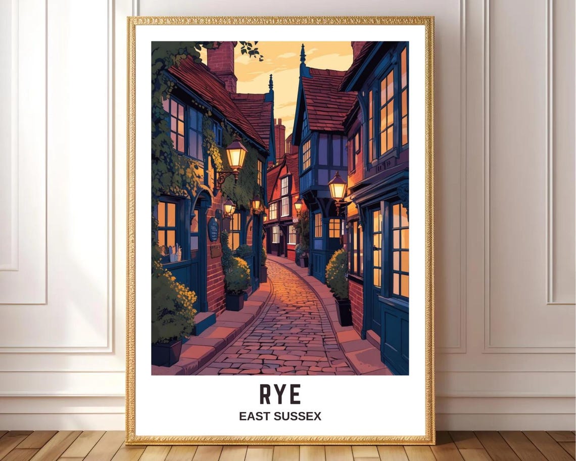 Rye East Sussex Wall Art Vintage English Street Print Uk Travel Poster Cozy Cottage Decor