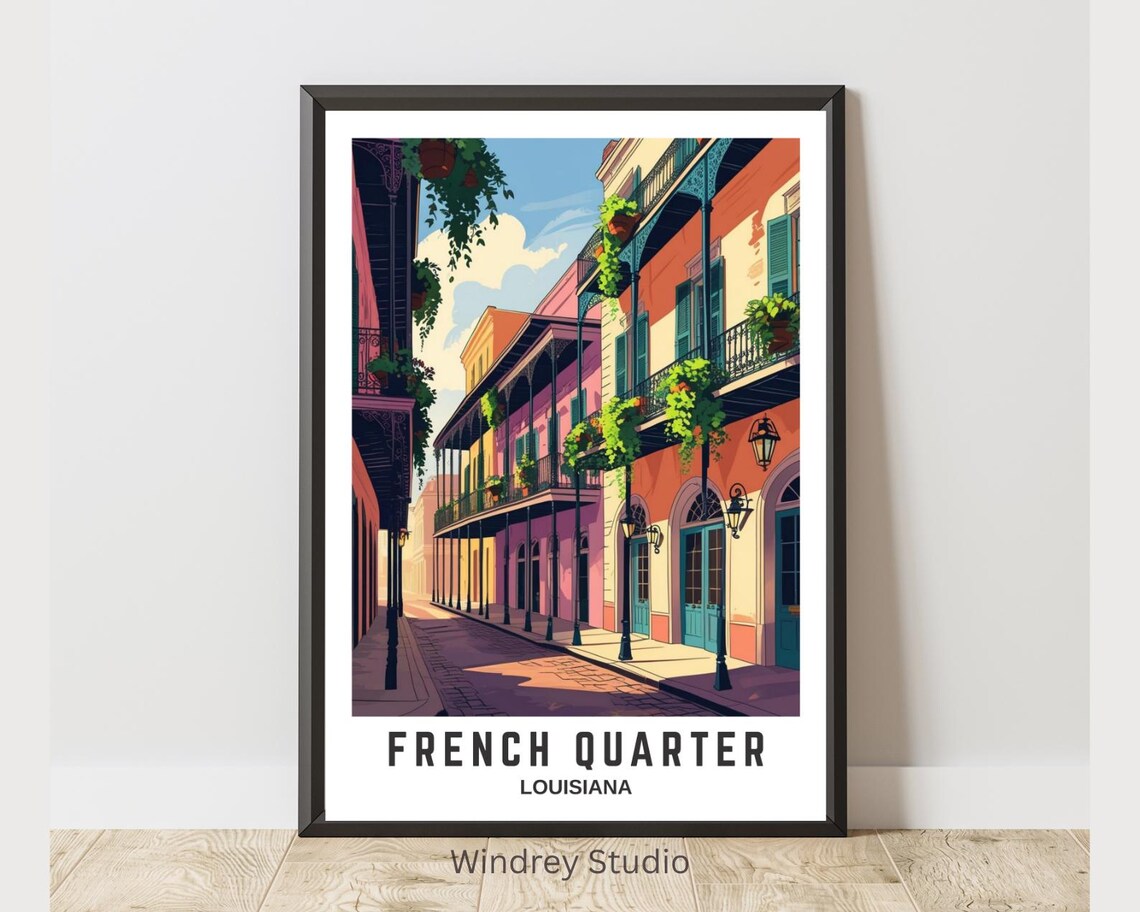 French Quarter Louisiana New Orleans Balcony Street Vintage Poster
