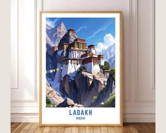 Ladakh India Travel Poster Print Himalayan Monastery Wall Art Vintage Style Landscape Illustration Adventure Home Decor