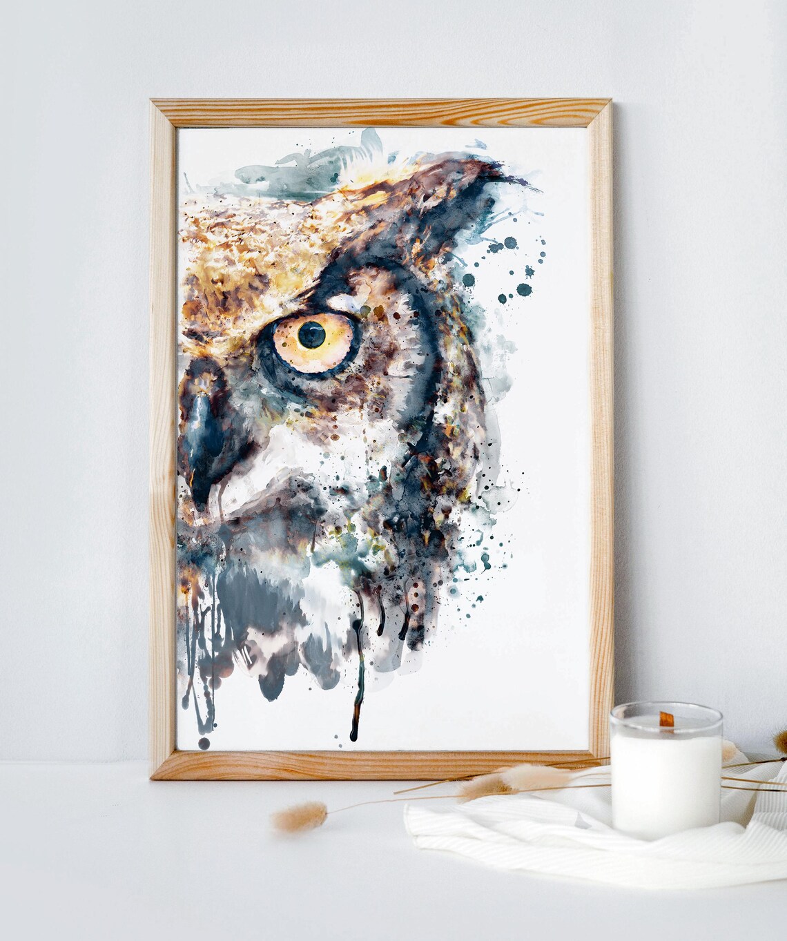 Owl Eye Watercolor Close Up Wildlife Bird Art Poster for Dining Room Decor