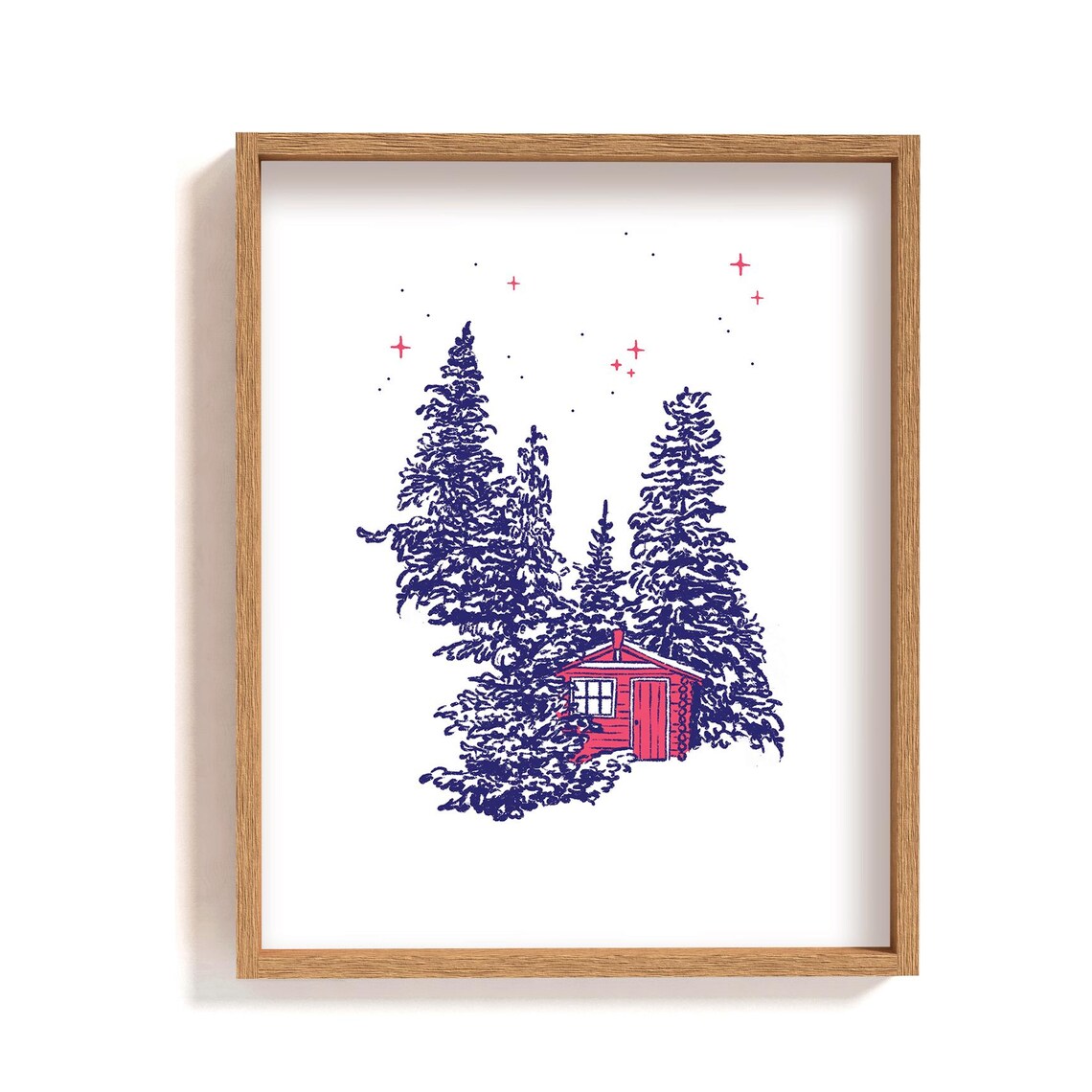 Red Cabin in Snowy Woods Art Print Winter Pine Trees Christmas Decor