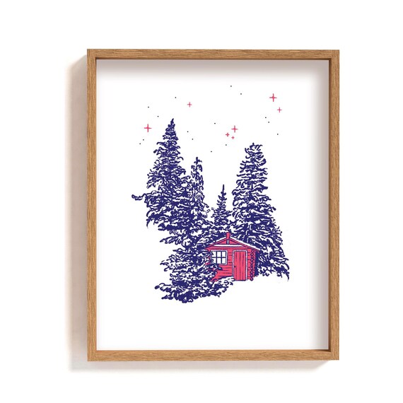 Red Cabin in Snowy Woods Art Print Winter Pine Trees Christmas Decor