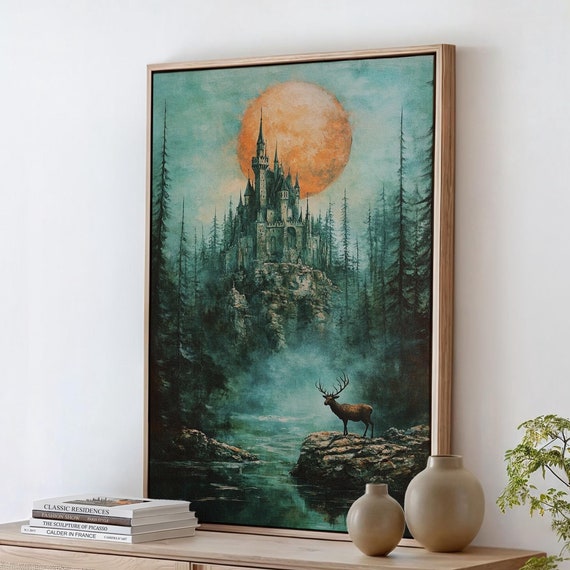 Majestic Gothic Castle And Stag Wall Art Enchanted Forest Landscape With Full Moon For Fantasy Inspired Mystical Home Decor