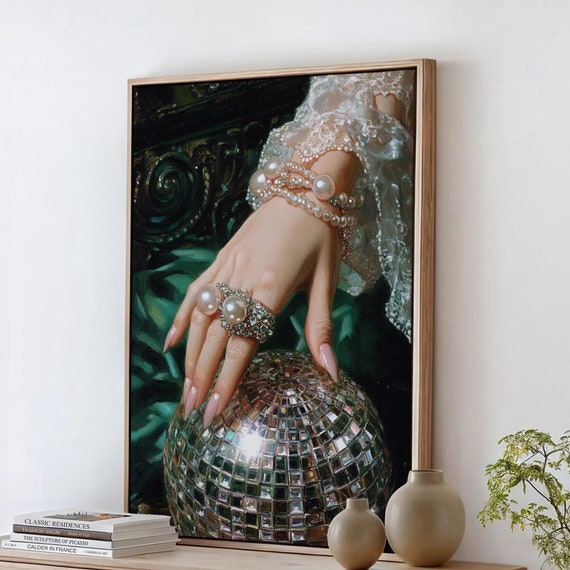 Elegant Hand With Pearl Jewelry On Reflective Disco Ball Luxe Wall Art For Glamorous Home Or Fashion Inspired Decor