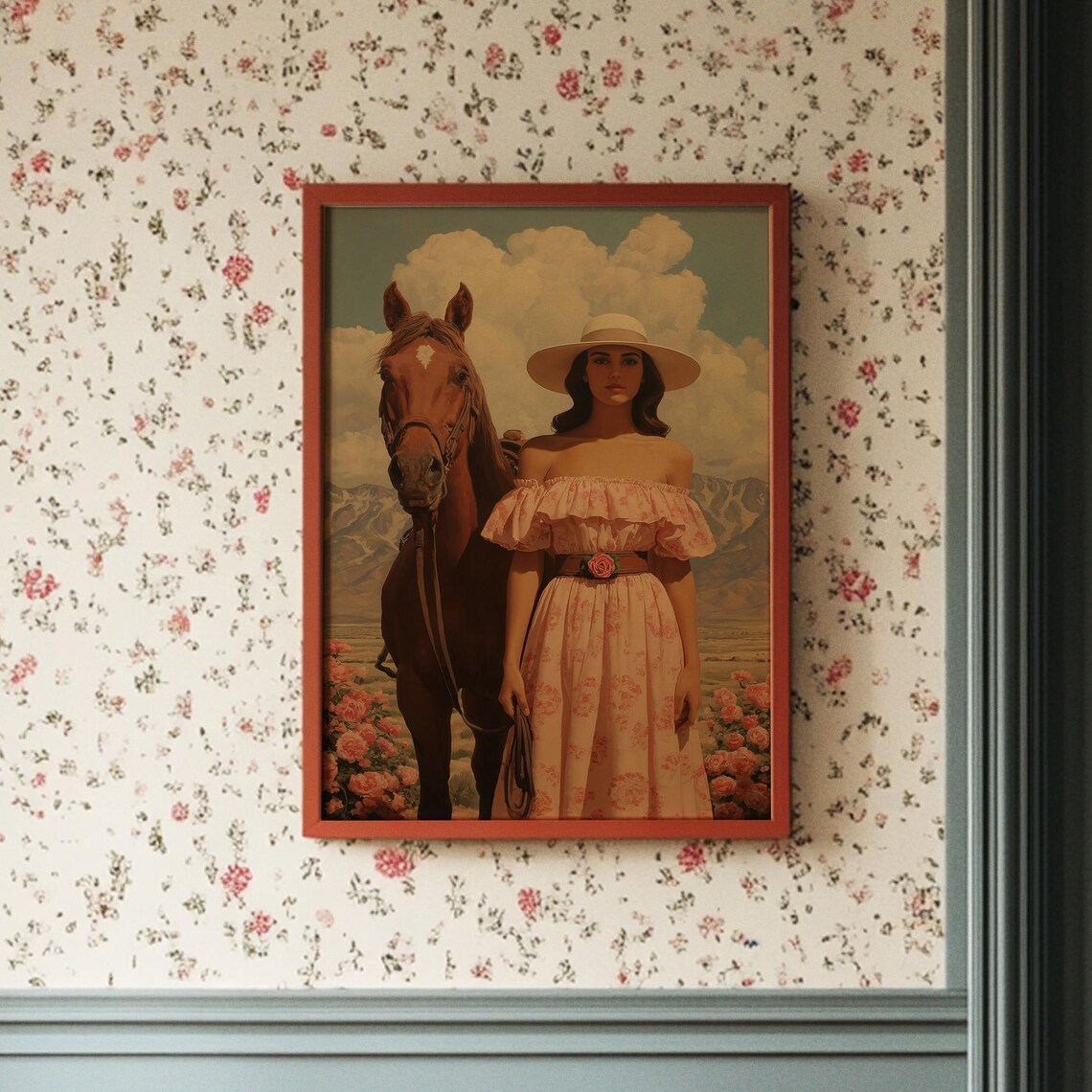 Cowgirl In Pink Floral Dress With Horse Among Roses Vintage Poster