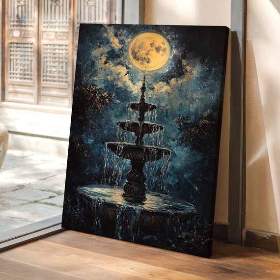 Moonlit Fountain Art Ethereal Night Sky Cascading Waterfalls With Illuminated Moonlight Mystical Outdoor Decor