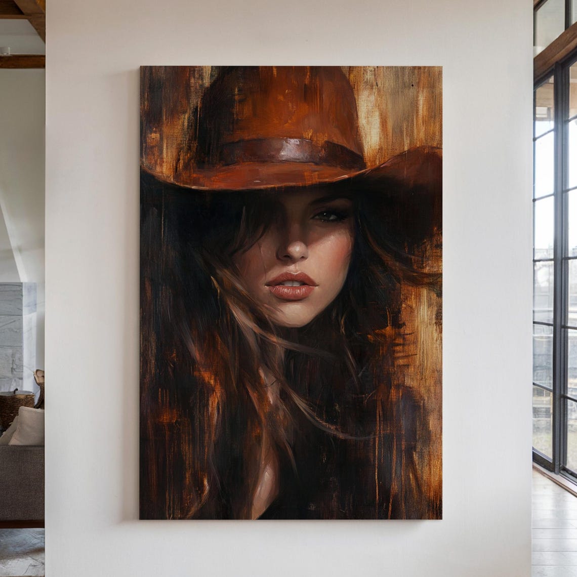 Rust Hat Cowgirl Portrait Shadowed Eye Windswept Hair Art Poster