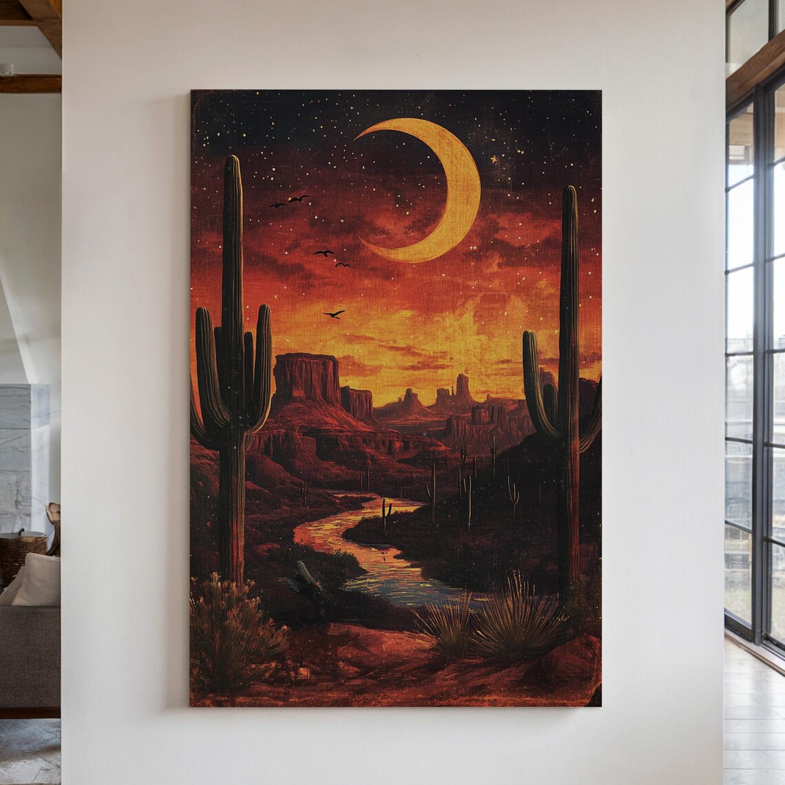 Desert Canyon Under Giant Crescent Moon River Landscape Poster