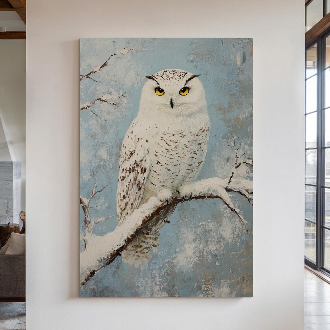 Snowy Owl Winter Scene Rustic Wall Art Print