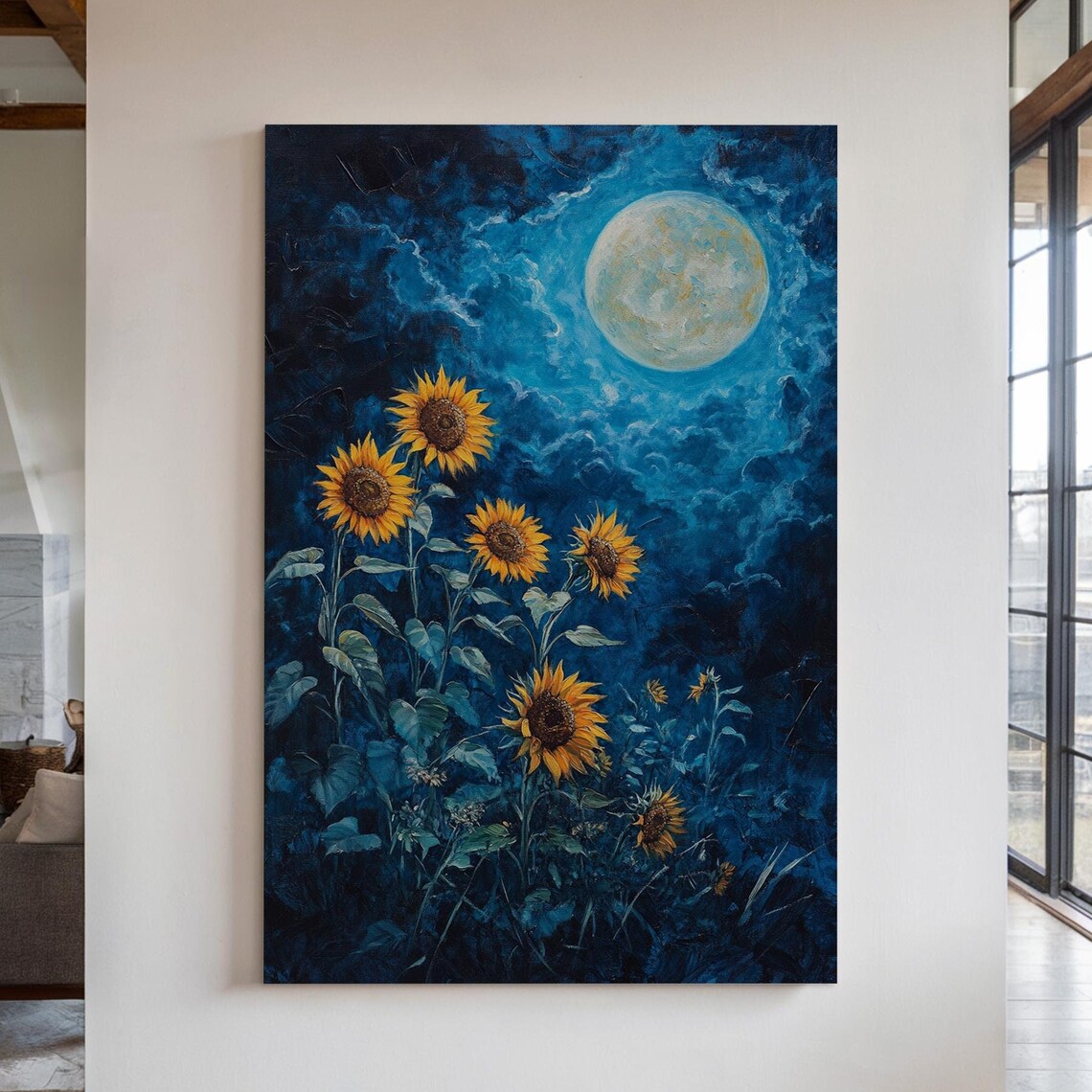 Moonlit Sunflower Art Print, Rustic Botanical Decor