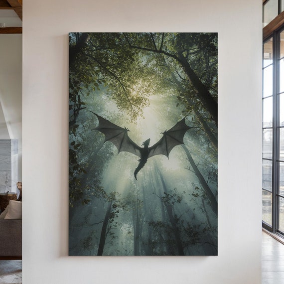 Dragon in Enchanted Sunlit Forest Fantasy Art Print