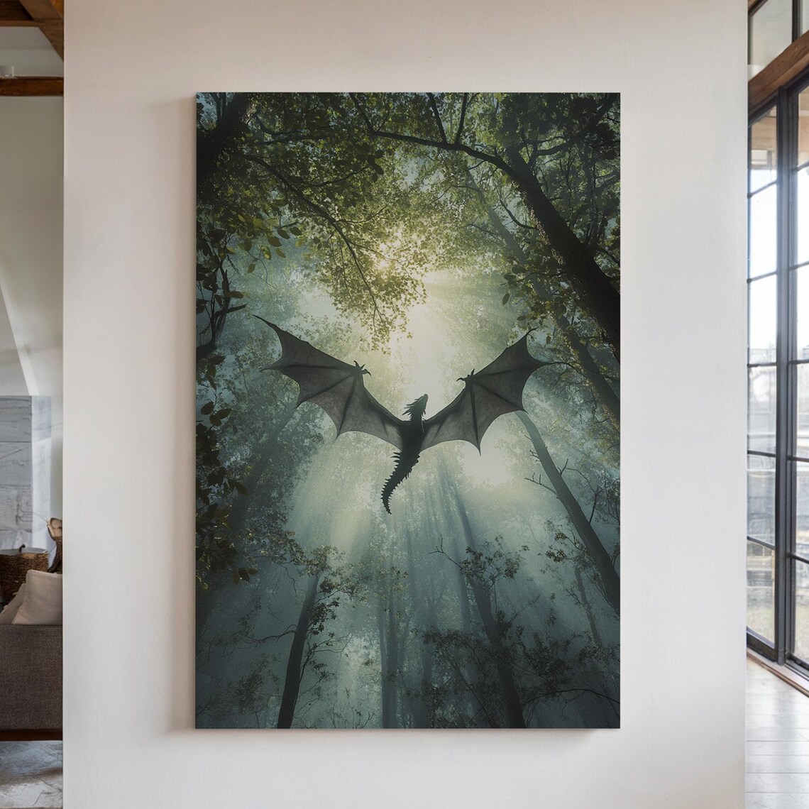 Dragon in Enchanted Sunlit Forest Fantasy Art Print